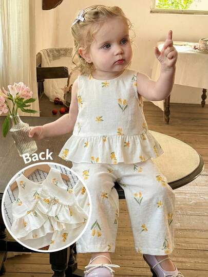 LMoss Kids LMoss   2pcs Baby Girl Ditsy Floral Vest And Pants Set, 2pcs Set Toddler Girls Wildflower Baby Clothes Flower Two Piece Set Toddler, Baby Girl Clothes Summer Sets Toddler Co Ord 2pcs Set Toddler Girls Cute Vintage Style Baby Girl Pants And Top