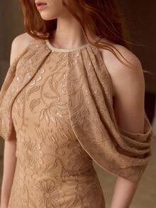 MOTF PREMIUM LACE OVERLAY CONTRAST SEQUINS RUCHED COLD SHOULDER SLIM FIT DRESS - Khaki - View 1