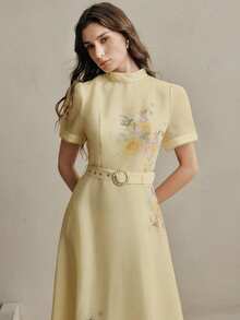 Anewsta Women's Light Yellow Woven Fabric Midi Dress With Belted Waist And Flared Hem Floral Pattern - Light Yellow - View 7