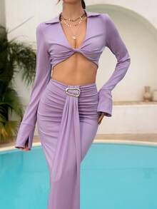 NOVVYNE Women's Midriff-Baring 2 Pieces Set, Purple V-Neck Twist Top With Ruffle Mermaid Maxi Skirt - Purple - View 1