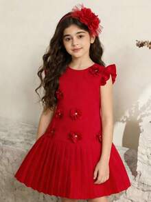 SHEIN Tween Girls Elegant Summer Red Flower Girl Dress,Sleeveless Crew Neck Knee-Length A-Line Silhouette,3D Floral Appliques,Flutter Sleeves Pleated Design - Red - View 1