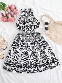 SHEIN Girls' Print Sleeveless Hollow-Out Waist Dress, Suitable For Summer Beach Holiday, Black & White - Black and White - View 8
