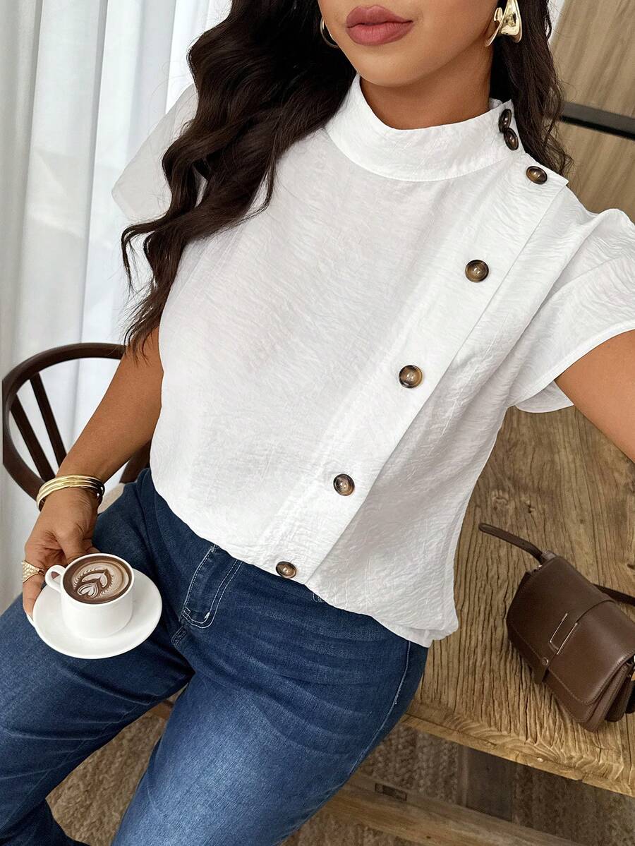 Weeklong Blusa suelta con botones asimétricos de estilo casual para mujer, adecuada para uso diario y atuendo de oficina, primavera/verano - Blanco - Ver 1