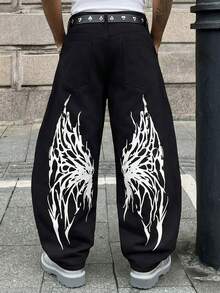 Manfinity EMRG Gothic Punk Style Men's Wide Leg Long Black Denim Jeans With Graphic Pattern And Zipper - Black - View 2