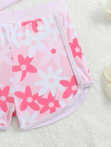 SHEIN 2件套女童碎花印花舒适针织长袖短裤拉链泳衣套装，适合海滩、泳池、度假、夏季、旅行。儿童女童防晒泳衣2件套，女童长袖泳衣套装，长袖和短裤拉链套装，适合青少年粉色泳衣。儿童碎花泳衣套装3件套，女童长袖泳衣。 - 彩色 - 查看 3
