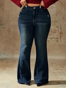 Truni Quần jeans ống loe dáng rộng, màu trơn, rách nhẹ, có túi, dành cho dáng người quả lê và tam giác. - Màu xanh lam - Xem 4