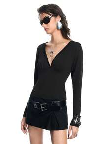 Airlisse 弹力针织纯色修身深V领长袖蕾丝边饰褶皱胸腰荷叶边下摆优雅性感浪漫百搭休闲时尚T恤，适合春夏秋季穿着，黑色性感夜店Y2K风格上衣 - 黑色 - 查看 5