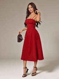 SHEIN PETITE Women's Red Date Night Long Dress Ruched Bust Lace Up Side Cami Dress,Valentine's Day Red Vacation Dress Red Sun Dress