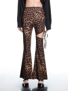 Airlisse Women's Leopard Print Side Ruched Flared Hem Leggings, Suitable For Spring And Autumn - Brown - View 5