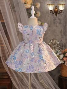 SHEIN Baby Girl Elegant Jacquard Woven Short Sleeve Dress, Spring/Summer