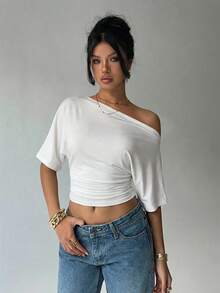 Aloruh Loose Shoulder, Tight Waist, Ruched Waist Basic T-Shirt - White - View 6
