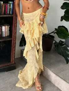 Resyla Women's Fashion Sexy Beach Vacation Style Low Waist High Slit Ruffled Hem Skirt - Yellow - View 1