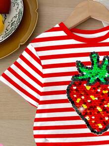 SHEIN 1 pieza Conjunto de camiseta de manga corta con cuello redondo y estampado de rayas rojas y fresas, y leggings, estilo casual y lindo retro americano para niña bebé, adecuado para primavera/verano, uso diario, vacaciones, estilo Y2K - Multicolor - Ver 4