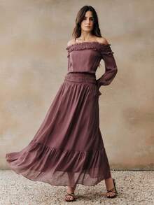 Anewsta Women's Elegant Off-Shoulder Metallic Pleated Minimalist Dress, Suitable For Dates, Spring/Summer - Dusty Purple - View 4