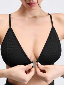 Women's Striped Sexy Front Closure Wireless Comfort Bra - Black - View 9