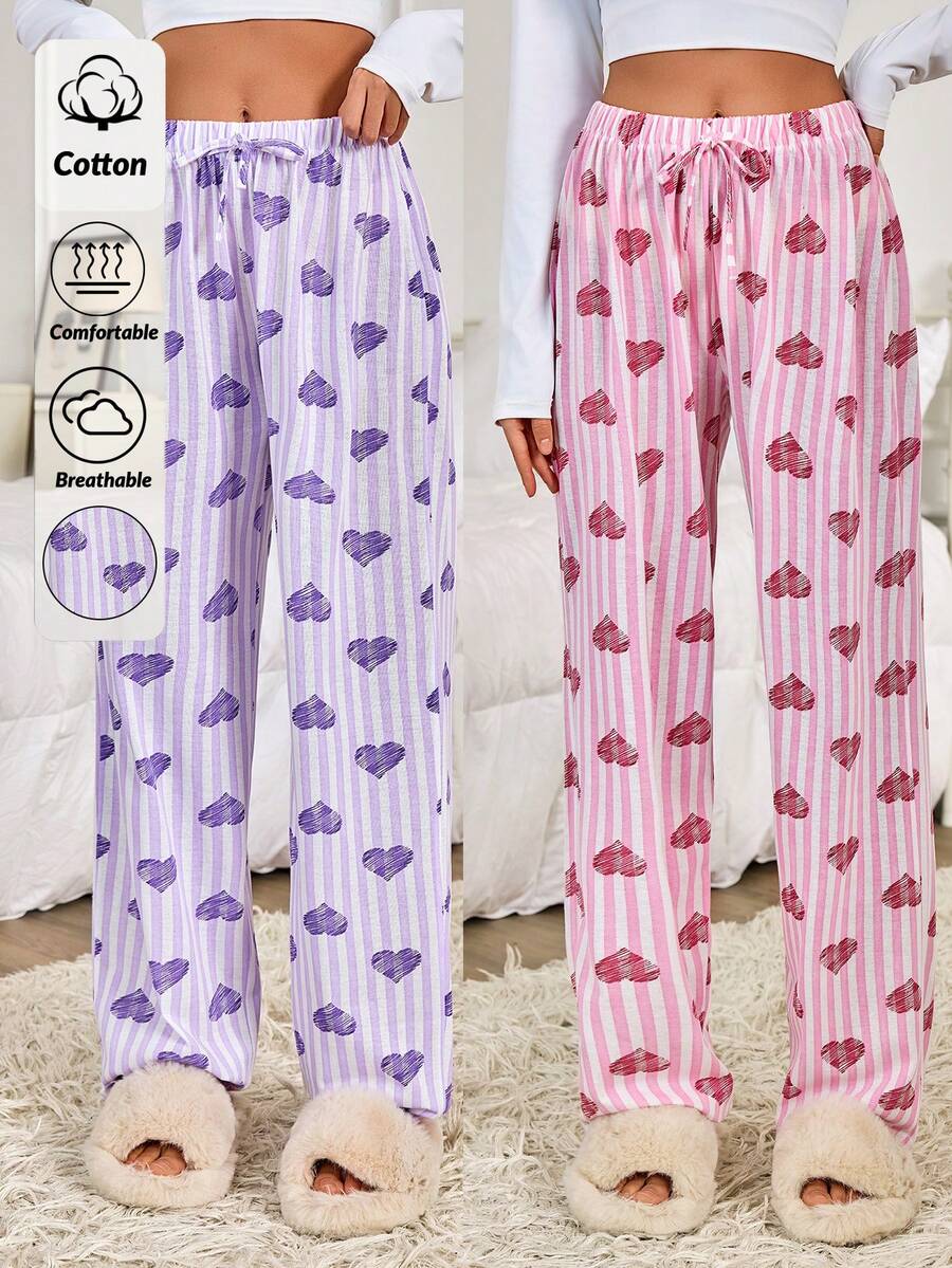 SHEIN WOMEN PLUS SIZE COTTON 2PCS FAKE DRAWSTRING DETAIL STRIPED HEART PATTERN LONG SLEEP PANTS HOMEWEAR SET - Multicolor - View 1