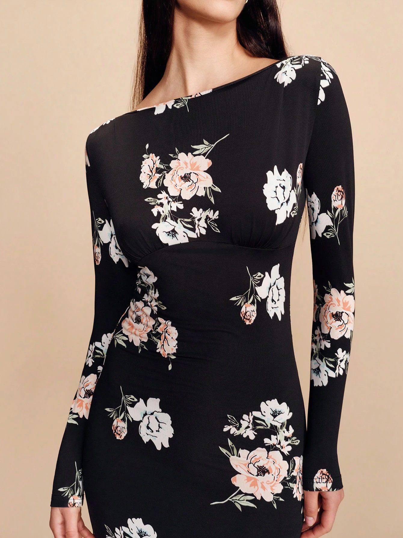 Floral Printed Gathered Waisted Long Sleeve Midi Dress Vintage Style Spring Summer Going Out Date Night Dress Black Floral Dress Floral Midi Dress