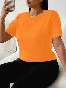 SHEIN LUNE 大码女式针织短袖圆领宽松毛衣 - 橘色 - 查看 4