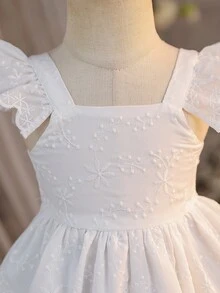 SHEIN 女婴纯色梭织方领荷叶边下摆休闲连衣裙 - 白色 - 查看 4