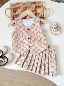 Playful Pals 2件套女婴夏季蝴蝶结印花吊带背心和百褶裙套装