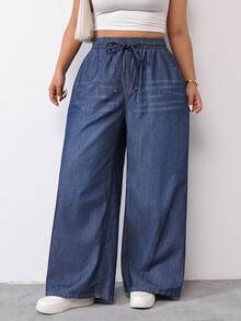 SHEIN PETITE CURVE PETITE Plus Size Summer And Spring Woman's Solid Color Mid-Waist Elastic Waist Drawstring Straight Loose Versatile Denim Jeans - Dark Wash - View 6