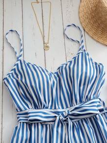 Franclia Women's Fashion Striped Camisole Jumpsuit With Bow Tie Summer Birthday Outfits For Women Summer Romper Casual Romper Beach Romper Petite Vacation Outfit - Blue and White - View 4