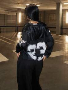 AfricaSnchz 青少年女孩时尚街头服饰拼色印花宽松长袖运动衫 - 黑色 - 查看 2