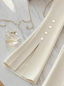 GlowEve Women's Solid Color Versatile High Waist Slit Flare Pants For Daily Commute, With Button And Zipper, Gold Button Decor, Spring/Summer