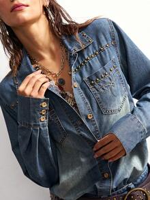 Bohemela 波西米亚风水钻装饰牛仔外套，女士高端休闲衬衫 - 藍色 - 查看 2