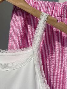 2-Piece Teen Girls Casual Summer Lace-Trim Camisole And Striped Bow Wide-Leg Pants Non-Fleece Lightweight Commuting Outdoor Daily Multi-Scene Set