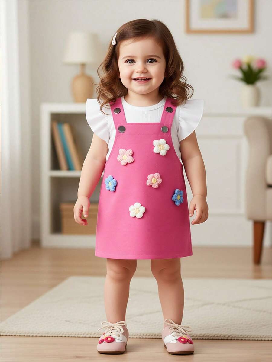 2pcs Baby Girls' Knitted Ribbed Ruffle Sleeve Top And Crochet Flower Strap Dress Set, Cute And Sweet Casual Summer Cartoon Outfit - White - View 1