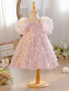 SHEIN 女童纯色方领拼接网纱泡泡袖休闲连衣裙 - 粉色 - 查看 6