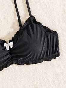 SHEIN Swim 1 件女式可爱细肩带黑色蝴蝶结比基尼上衣夏季 - 黑色 - 查看 6