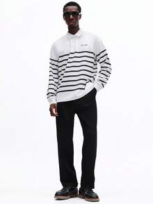 SUMWON Long Sleeve Striped Polo Shirt With Collared Neckline Regular Fit Casual Horizontal Stripe Pattern - White - View 5