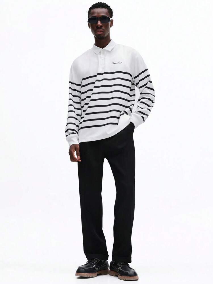 SUMWON Long Sleeve Striped Polo Shirt With Collared Neckline Regular Fit Casual Horizontal Stripe Pattern - White - View 5