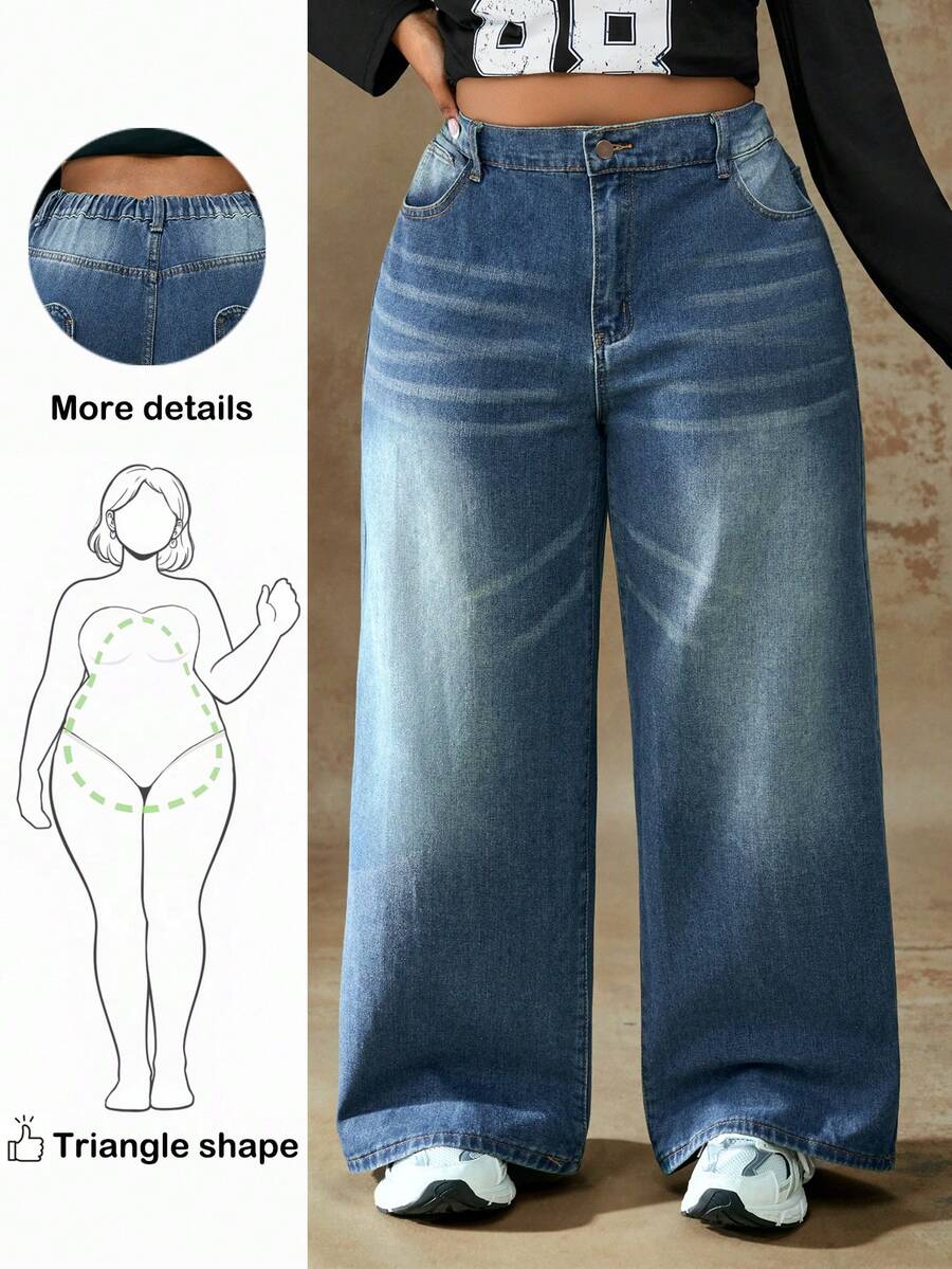 Truni Celana Panjang Denim Pudar Vintage Ukuran Plus dengan Potongan Lebar dan Saku Hati, Modis & Serbaguna untuk Pakaian Musim Panas dan Gugur untuk Wanita, Cocok untuk Bentuk Tubuh Pir dan Segitiga - Biru - View 1