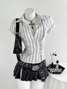 Elamini Women's Striped Short Sleeve Fitted Front Button Ruffle Hem Blouse, Summer - White - View 1