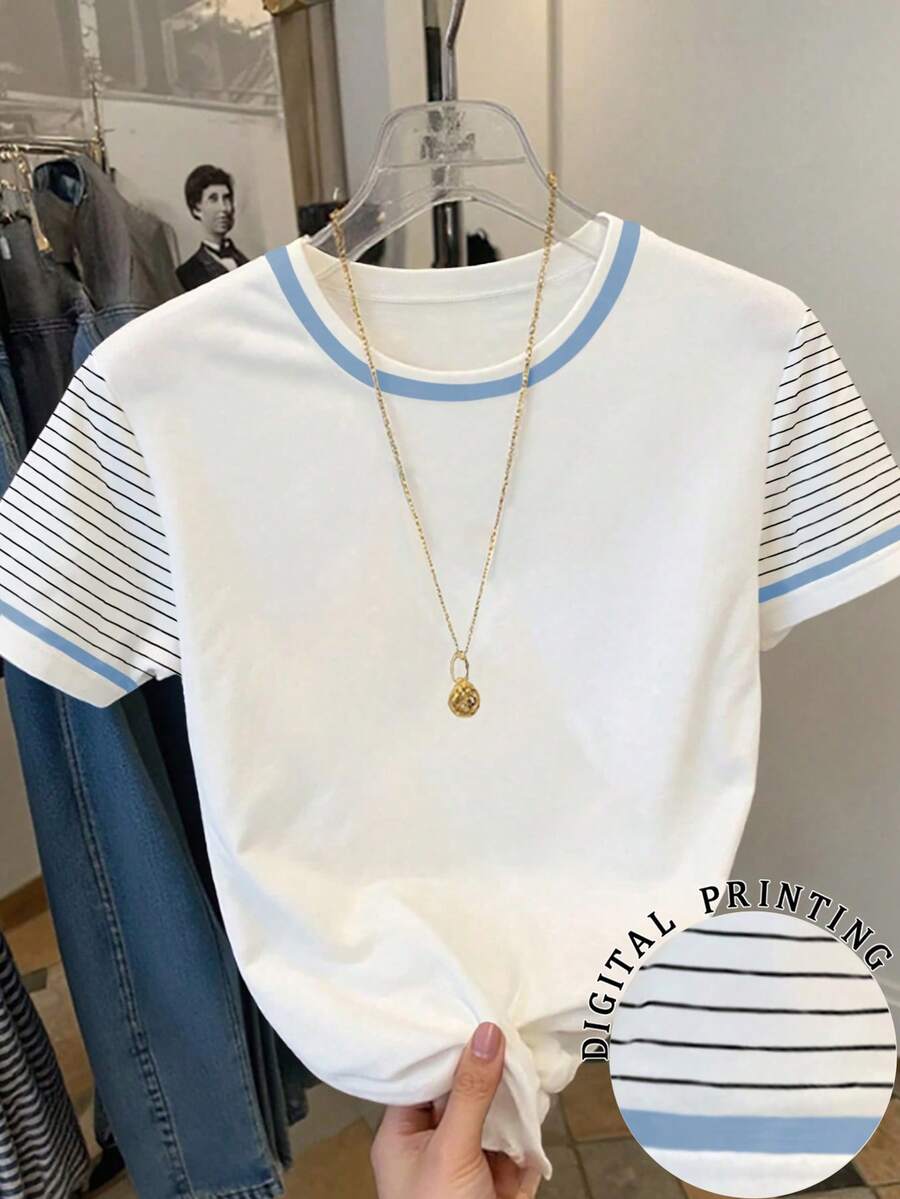 SHEIN 女士休闲条纹拼接圆领短袖T恤,夏季 - 白色 - 查看 1