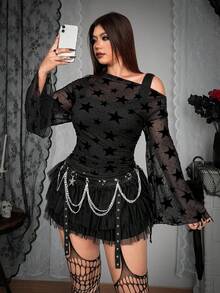 Flirla 大码女装时尚朋克暗黑风斜领星形网眼T恤 - 黑色 - 查看 2
