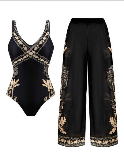 Swim Oasis 女士两件套印花性感连体泳衣，适合海滩、约会、派对、春夏穿着，高端时尚度假风