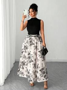 Elenzga Elegant Floral Print Sleeveless A-Line Waist Tie Dress, Suitable For Music Parties, Holidays, Daily Wear, Shopping, Commuting Plus Size Floral Maxi Skirt Elegant Curve Dress Plus Size Elegant Dress Plus Size Evening Dress Plus Size Long Skirts Floral Print Skirt Long Skirts And Top Set Long Skirt 2 Piece Elegant Skirt - Black - View 2