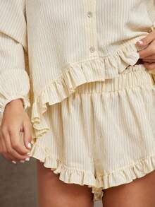 WESTFADE 条纹梭织翻领纽扣前开襟高低荷叶边衬衫和高腰A字荷叶边短裤 - 彩色 - 查看 6