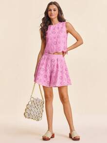 Vivid Eden Bộ đồ nữ 2 món phong cách thường ngày thanh lịch lãng mạn, chất liệu jacquard, màu hồng. - Hồng - Xem 13