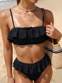 Swim Mod Women's Solid Color Ruffled Hem Bikini Set, For Beach & Holiday For Summer Beach Vacation - Black - View 4