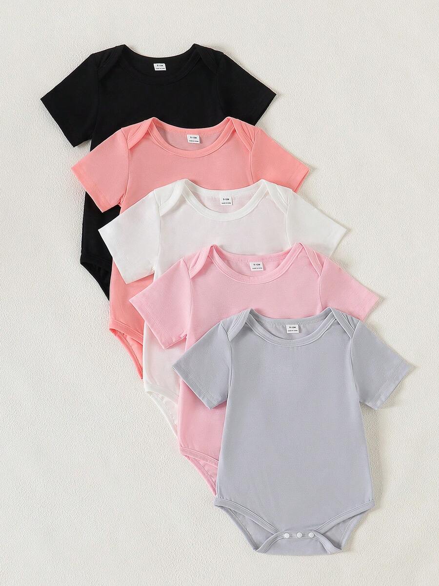 SHEIN 5pcs/Set Baby Girls' Soft & Comfortable Crew Neck Solid Color Candy Romper, Fashionable Casual Daily Wear, Easy On/Off, Short Sleeve & Shorts, Spring/Summer - Multicolor - View 1
