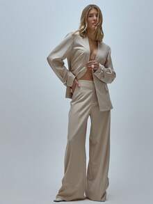 MUSERA 高腰修身剪裁，银色滚边阔腿西装裤，S码，适合办公室日常穿着，可爱酷女孩剪裁，夏季休闲风。 - 卡其色 - 查看 1