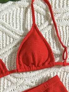 Swim Chiccia Women's Solid Color Spaghetti Strap Bikini Set - Red - View 7