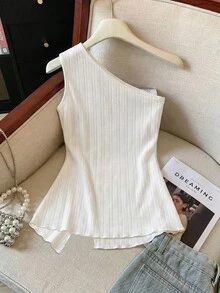 GlowEve New Arrival Spring/Summer Casual Business Textured Comfortable Wheat Jacquard One Shoulder White Slit Design Women Tank Top - White - View 2
