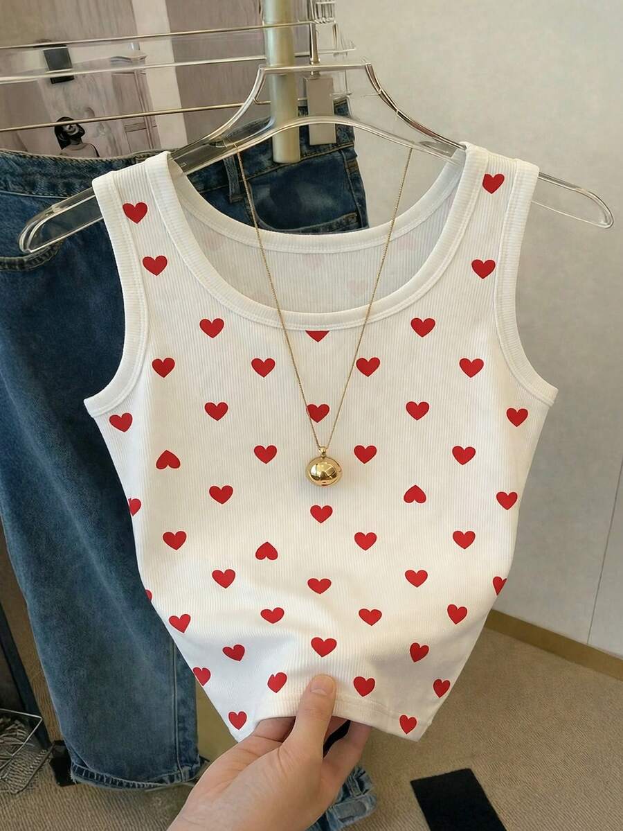 Resyla Heart Pattern Digital Print Fashionable Minimalist Women's Cropped Tank Top, Gift For Friends - White - View 1