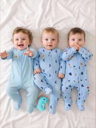 SHEIN 3st Nyfödd pojke Bekväm måne, geometri & engelska brevtryckta långärmade pyjamasset